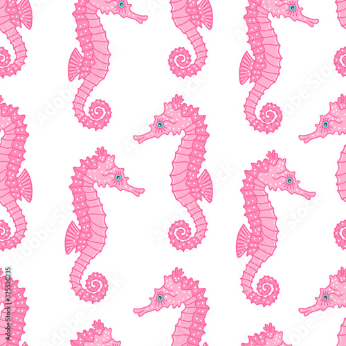 Pink sea horse vector seamless pattern on white background. Illustration for summer scrapbooking, Ocean Gift Wrap, Kids Fashion Prints, Beach Apparel. Cartoon style.