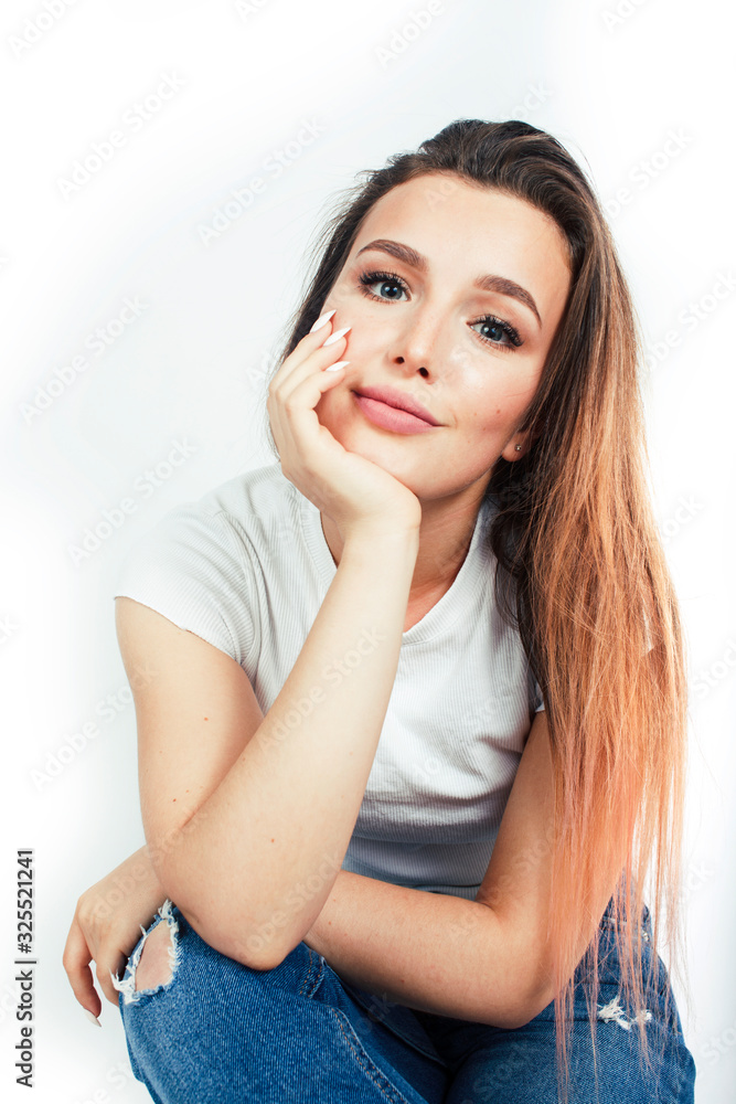 young pretty teenage hipster girl posing emotional happy smiling on white background, lifestyle people concept young pretty teenage hipster girl posing emotional happy smiling on white background, lifestyle people concept