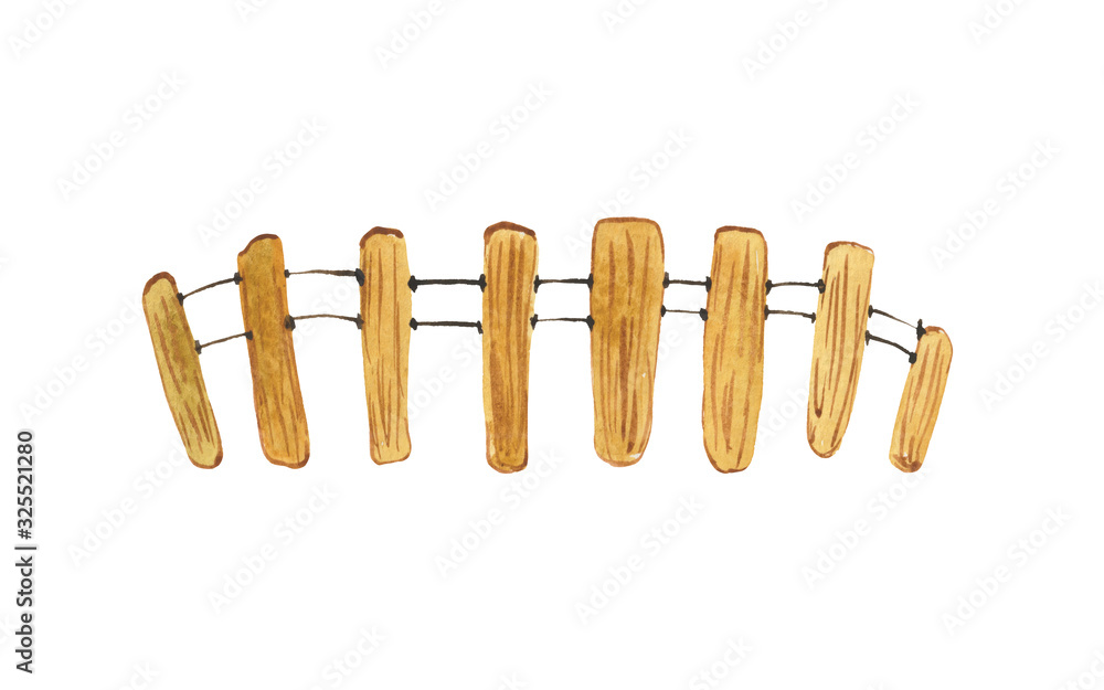 Obraz premium Hand-painted watercolor drawing, fence made of wooden boards. Object on a white background, for design compositions on the theme of farm life or life in the suburbs.
