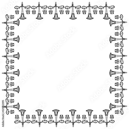 Square frame from hand-drawn vintage antique scales. Black and white symbols of the zodiac sign Libra, justice and equilibrium. Template with place for text. For banner, advertisement etc. Vector.  photo