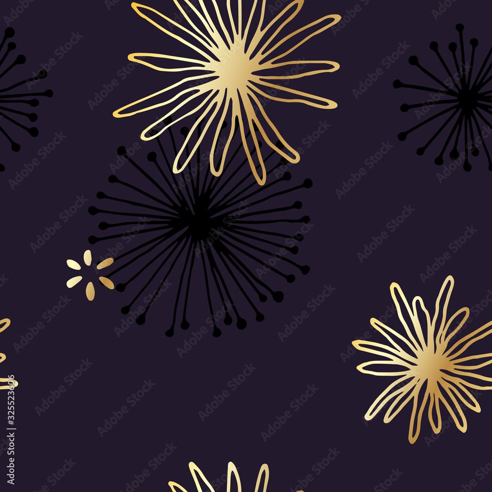 Romantic seamless vector floral pattern with golden and black abstract flowers on a dark blue background. Fancy and elegant background