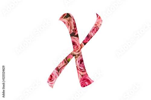 The letter X of the English alphabet is cut out of pink roses on a white isolated background.Floral pattern, texture.Bright alphabet for stores, sales, websites, postcards and holiday greetings