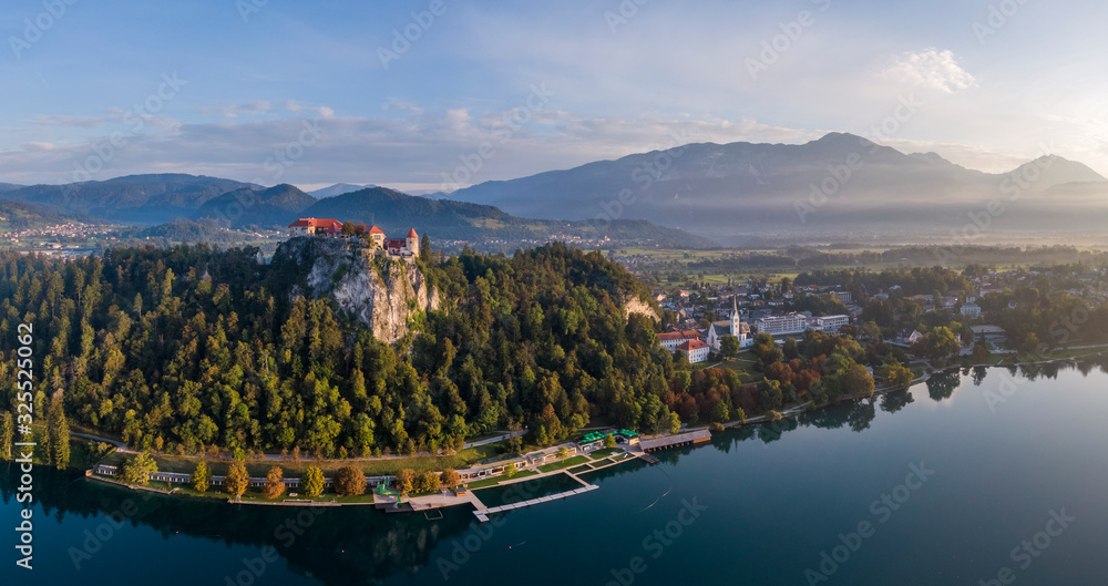 Aerial view of the Bled lake and castle
