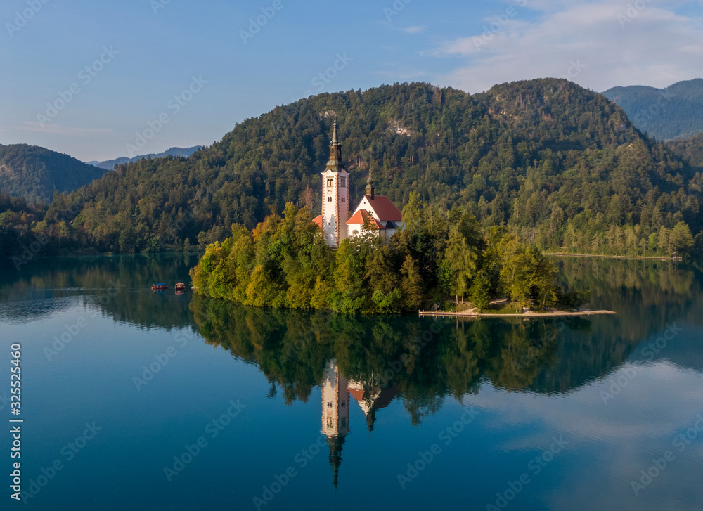 Aerial view of the Bled island in the morning