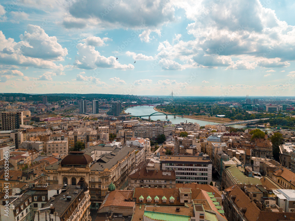 Panoramic aerial view of Belgrade's city center and Sava river