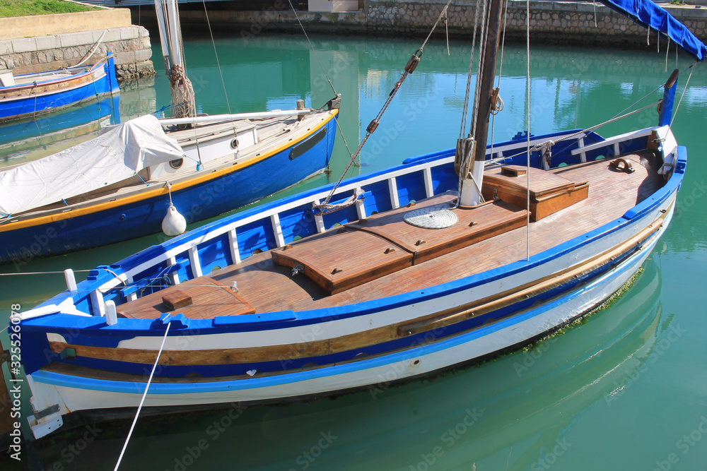 Traditional boats in the river port of Frontignan, a seaside resort in the Mediterranean sea, Herault, Occitanie, France