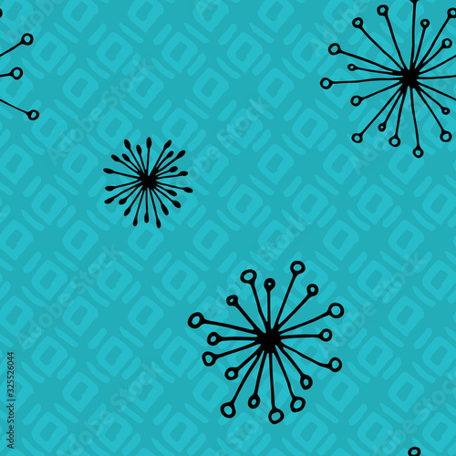 bright seamless vector floral pattern with black abstract flowers on a blue geometric abstract background