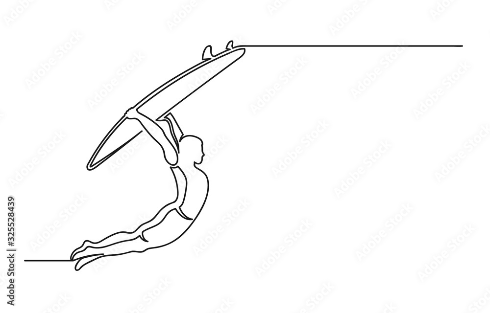 Continuous one line drawing of surfer Continuous one line drawing of surfer