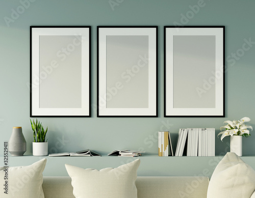 modern light green living room with sofa and furniture and group of picture frame on the wall. 3d render.