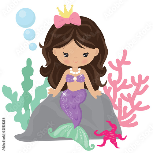 Mermaid sitting on a rock vector cartoon illustration
