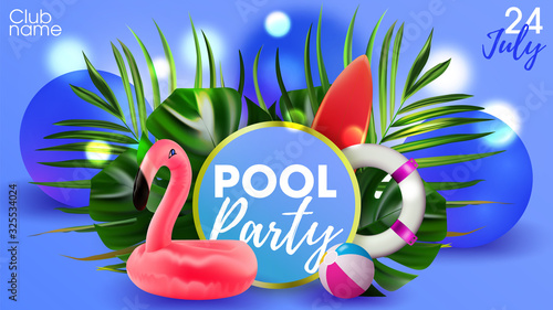 Pool water flamingo poster. Miami beach tropic banner. Summer attributes for beach party tropic background.