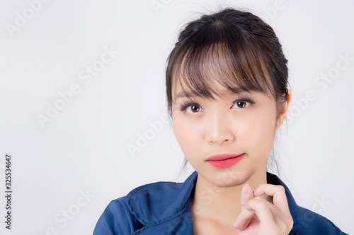 beautiful portrait young business asian woman standing with confident isolated on white background, asia businesswoman career secretary or accountant work success with smiling and happy.