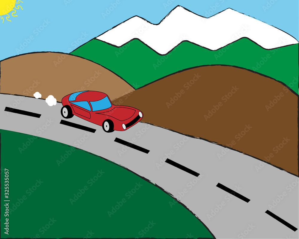 Red Sports Car on Mountain Road Illustration Red Sports Car on Mountain Road Illustration
