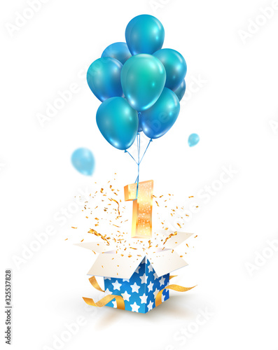 Open textured gift box with number 1 flying on balloons. Greeting for First anniversary isolated vector design elements