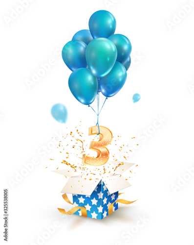 Open textured gift box with number 3 flying on balloons. Anniversary isolated vector design elements