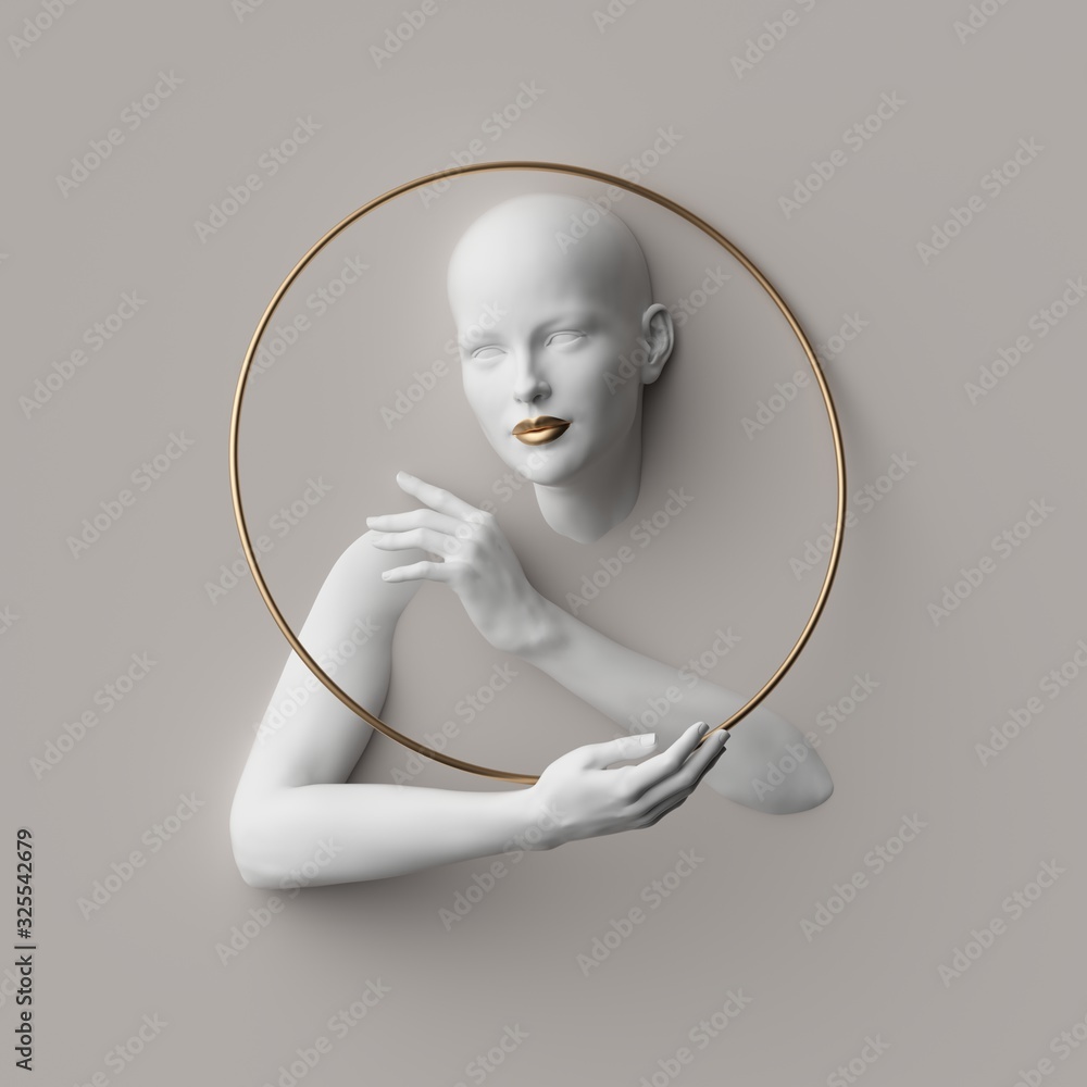 Fototapeta 3d render, female portrait inside golden round frame, mannequin body parts isolated on white background. Bold head, beautiful face, hands. Product display for jewelry shop. Minimal fashion showcase