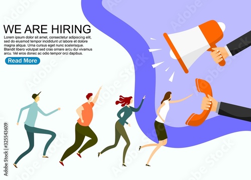 people shouting on megaphone with we are hiring word vector illustration concept, can use for, landing page, template, ui, web, mobile app, poster, banner, flyer, background
