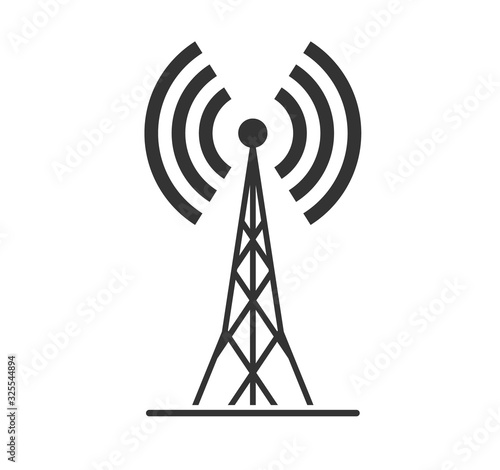 	 Black telecommunications signal transmitter. Vector illustration icon of a radio tower silhouette. Telecommunications and broadcasting industry concept icon. - Vector illustration