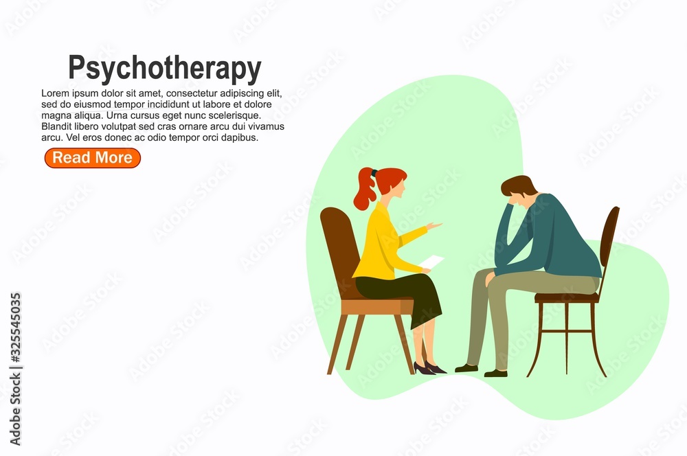 Fototapeta premium Psychotherapy. Woman psychologist with tangled and untangled brain metaphor, society psychiatry concept vector illustration