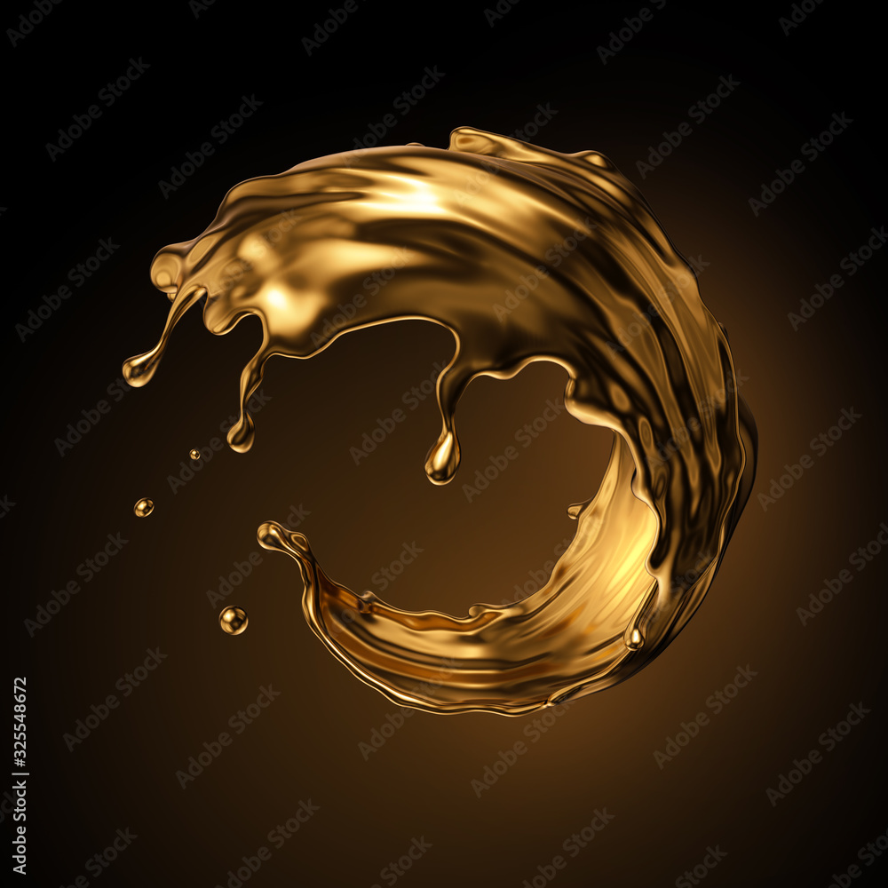 3d rendering, round gold liquid splash, metallic wave, swirl, cosmetic oil, golden splashing clip art, artistic paint, abstract design element isolated on black background. Luxury beauty concept - obrazy, fototapety, plakaty 