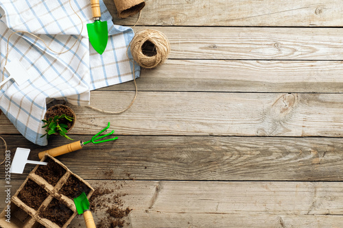 Fotografia Gardening equipment on wooden background