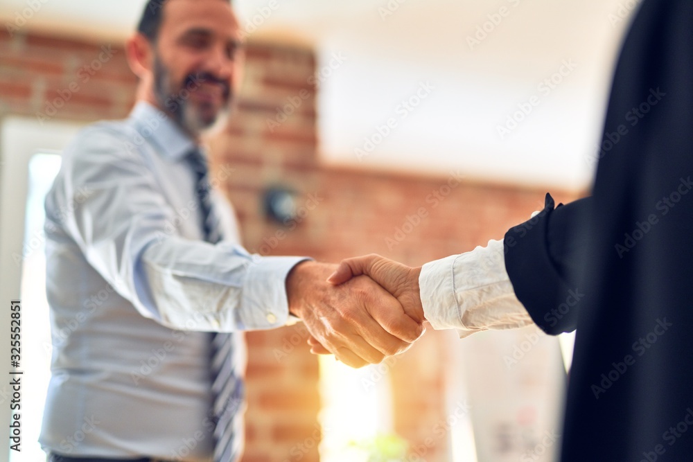 Two middle age business workers smiling happy and confident. Working together with smile on face shaking hands at the office Two middle age business workers smiling happy and confident. Working together with smile on face shaking hands at the office