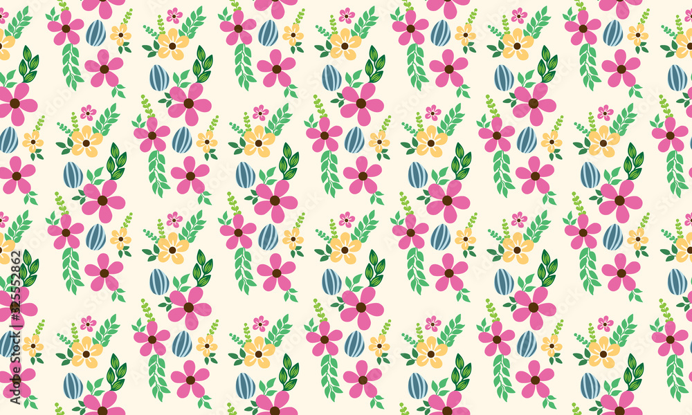 Pink rose flower pattern background for Easter, with floral and egg design. Pink rose flower pattern background for Easter, with floral and egg design.