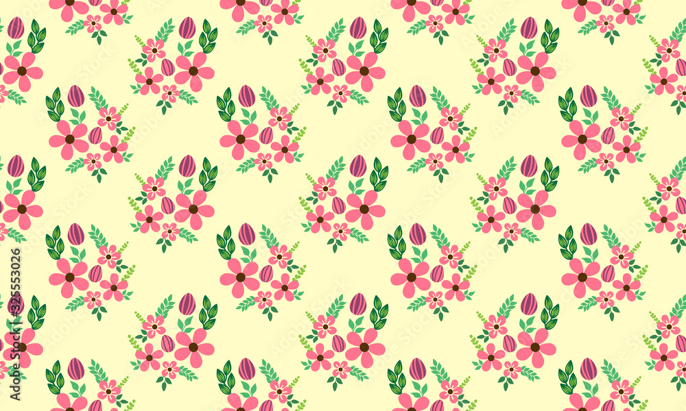 Pink rose flower pattern background for Easter, with floral and egg design. Pink rose flower pattern background for Easter, with floral and egg design.