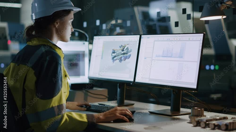 Young and Confident Industrial Engineer Working on Computer, on Screen CAD Software Showing New Electric Engine. Industrial Factory with High-Tech CNC Machinery Young and Confident Industrial Engineer Working on Computer, on Screen CAD Software Showing New Electric Engine. Industrial Factory with High-Tech CNC Machinery