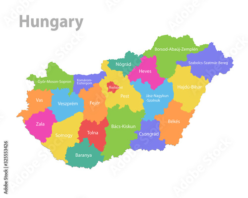 Hungary map  administrative division  separate individual states with state names  color map isolated on white background vector