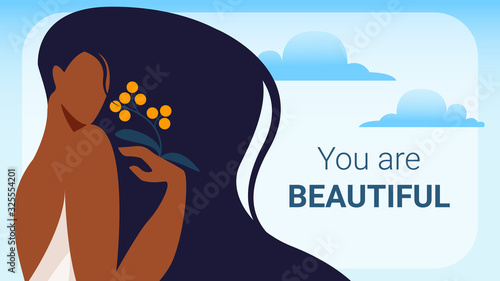 You are Beautiful Horizontal Banner. Woman with Black Long Hair and Dark Skin Wear White Cape Looking over Shoulder with Berry Branch in Hand Outdoors. Natural Beauty Cartoon Flat Vector Illustration