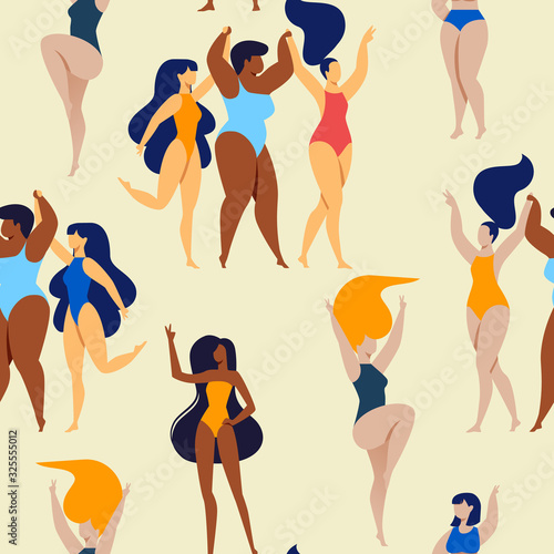 Seamless Pattern of Happy Multinational Plus Size Women in Bikini, Swimming Suits Dancing on Yellow Background. Body Positive, Beauty Diversity, Stop Fatfobia Movement Cartoon Flat Vector Illustration