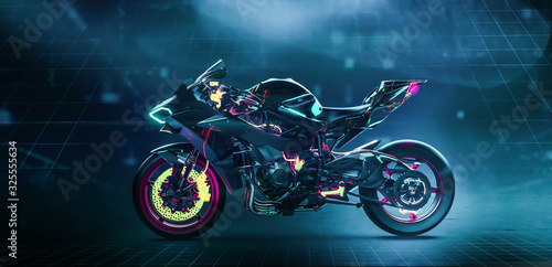 Modern sports motorcycle technology concept with highlighted parts (3D Illustration)