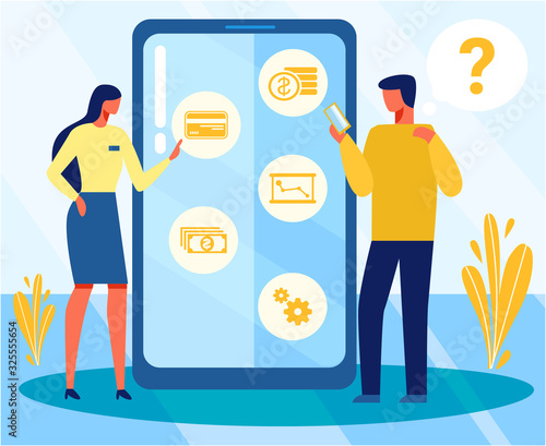 Cartoon Female Consultant Answers Male Customers Questions. Man Asks for Help. Woman Teaches Guy Telling New Applications Usage Nuances. Flat Huge Mobile Screen. Service Support. Vector Illustration