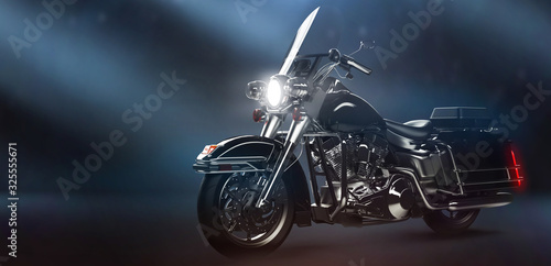 Fotografie Classic black motorcycle in dark environment (3D illustration)