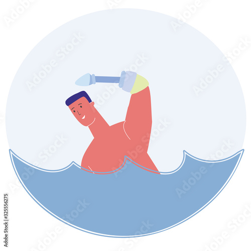 Cartoon Man with Prosthetic Hand Swimm in Pool Vector Illustration. Physically Disabled, Handicapped Person Rehabilitation Treatment. Aquatic Rehab. Paralympic Game Sport Competition