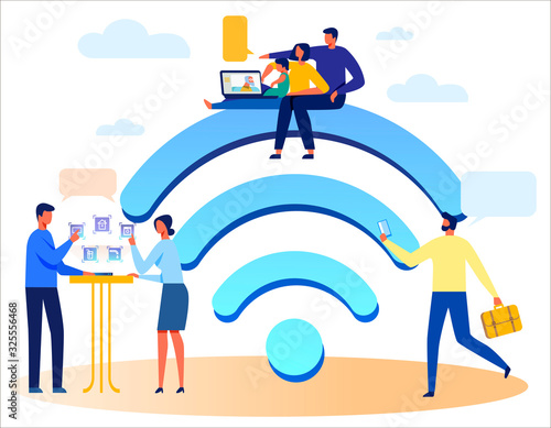 People Using Wireless Technologies over Huge Wi-Fi Sign. Young Family Making Call to Old Parent, Businessman Conferencing via Smartphone, Man and Woman Doing House Remote Control. Vector Illustration