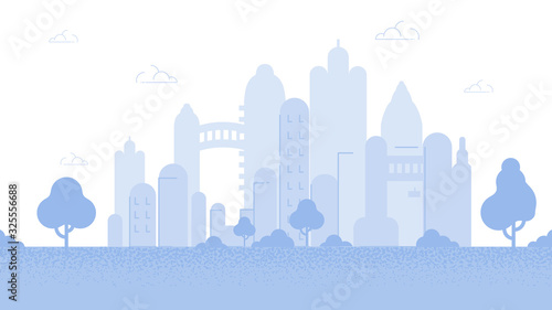 City Background Flat Cartoon Vector Illustration. Modern Town Skyline. Architectural Building in Panoramic View. High Multi-storey Glass Buildings in Different Forms. Block of Flats and Trees.