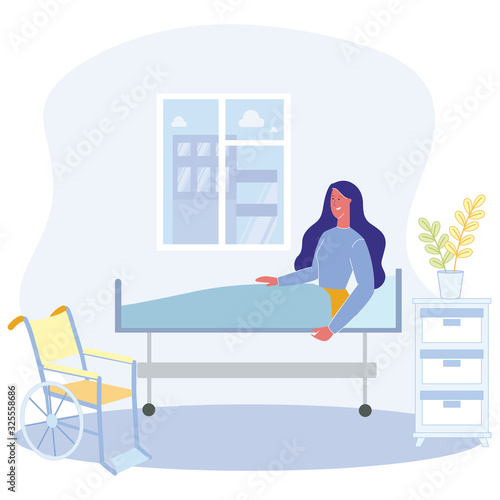 Happy Cartoon Woman Sit on Bed Smile Vector Illustration. Physically Disabled Person. Handicapped Wheelchair Transportation. Hospital Ward Room Interior. Medical Rehabilitation Treatment