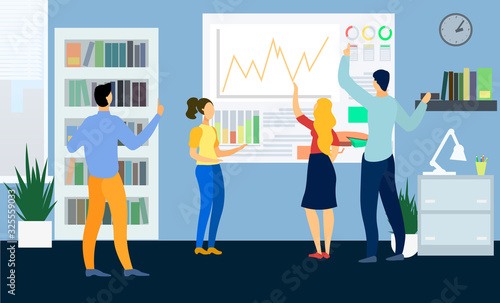 Men and Woman Explore Diagram and Graph. Office Workers Discuss Business Plan. Business Meeting. Vector Illustration. Graph and Chart. Teamwork in Office. Business Partnership. Achieving Goal.