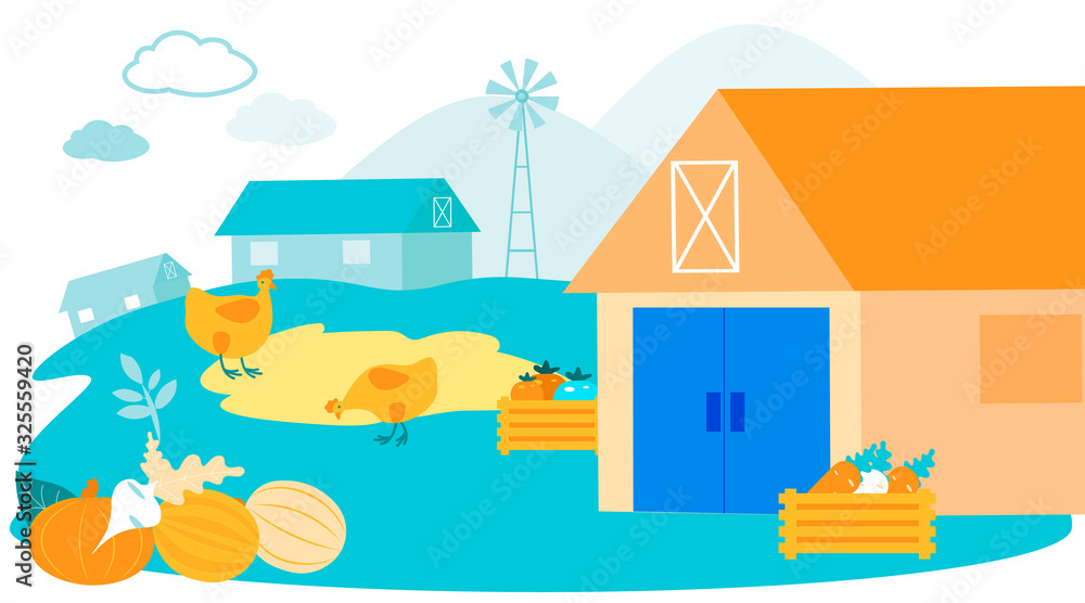 Farmyard Livestock. Grazed on Farm. Vector Illustration. Natural Products. Farm Products. Farm Family Business. Chickens Graze on Farm near Stable with Blue Door. Vegetables in Wooden Crates.