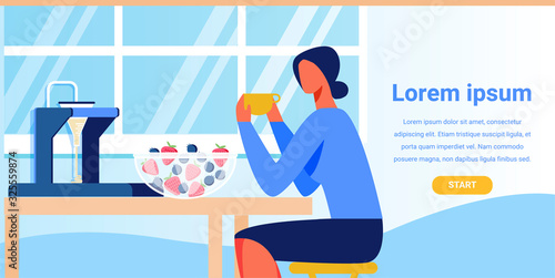 Landing Page Advertising Modern Smart Kitchen Appliances. Flat Cartoon Woman Drinking Coffee and Eating Fruits while Sitting at Table. Vector Traditional Healthy Breakfast and Dessert Illustration