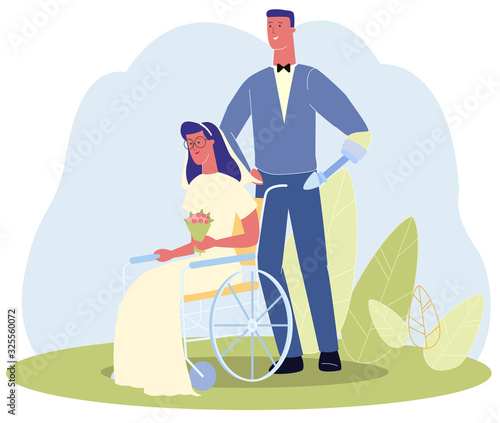 Groom Bride Wedding Celebration. Cartoon Man with Prosthetic Hand in Suit, Woman in Wheelchair in Wedding Dress Vector Illustration. Physically Disabled Handicapped Couple, Romantic Relationship