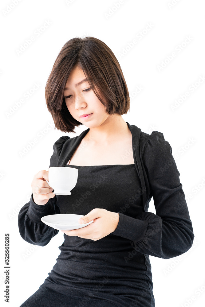 Woman holding coffee cup isolated on white Woman holding coffee cup isolated on white