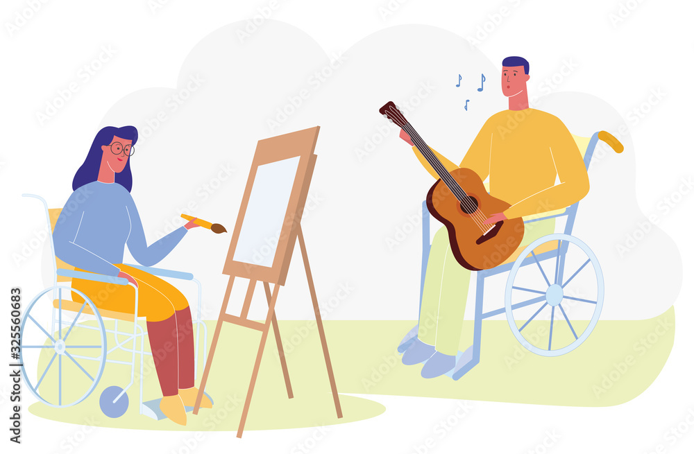 Fototapeta premium Cartoon Woman in Wheelchair Draw Portrait. Man with Guitar Play Music, Sing Song Vector Illustration. Social Adaptation, Support, Communication. Physically Disabled, Handicapped Person Rehabilitation