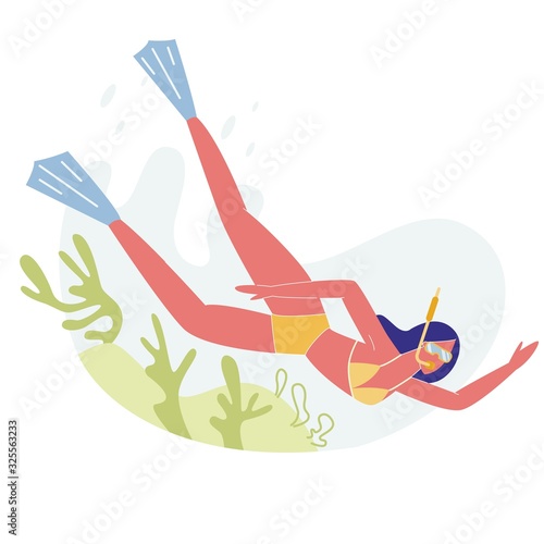 Girl Character Underwater Diver on Ocean Bottom with Corals, Woman in Bikini with Snorkel, Flippers and Mask. Active Recreation, Vacation Pastime, Leisure Activity. Cartoon Flat Vector Illustration