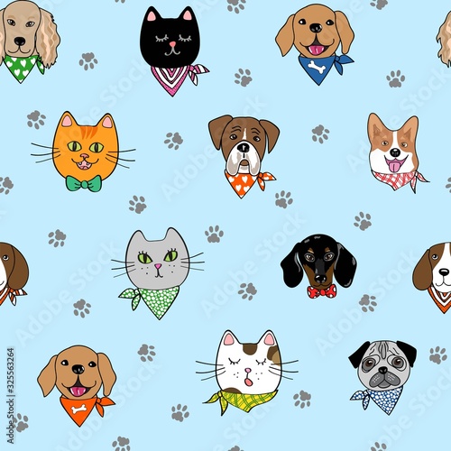 Seamless repeat pattern with hipster dogs and cats wearing neck scarves, surrounded by paw prints