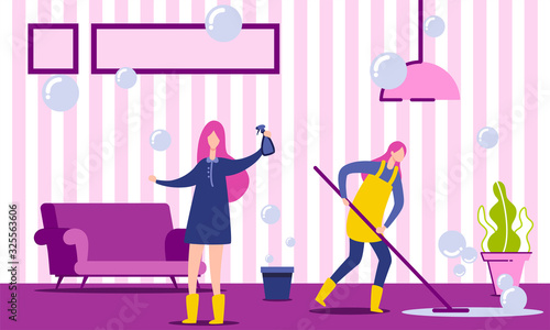 Two Characters Doing Housework. Woman Housekeeper Cleaning Floor in House. Housewife or Cleaning Company Worker Washing Living Room. Cartoon Flat Vector Illustration. Cleaning Service Concept.