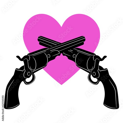 Romantic emblem with two crossed revolvers and heart shape. Isolated vector illustration.