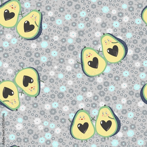 Seamless repeat pattern with happy tossed avocado friends on a ditsy floral neutral gray background with gentle white and blue flowers